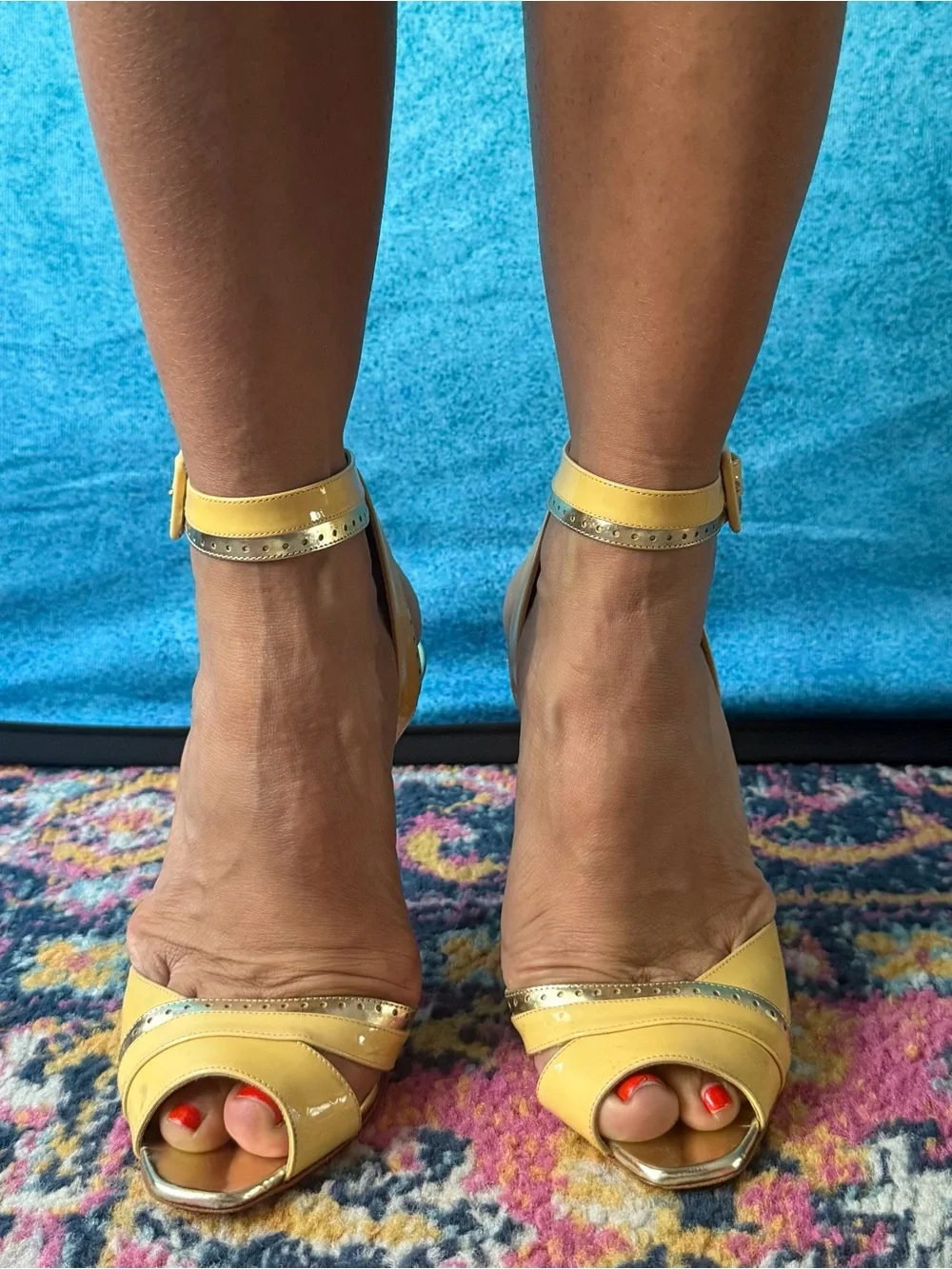 Christian Louboutin Yellow Patent Leather Ankle-Strap Heels with Gold Accents
